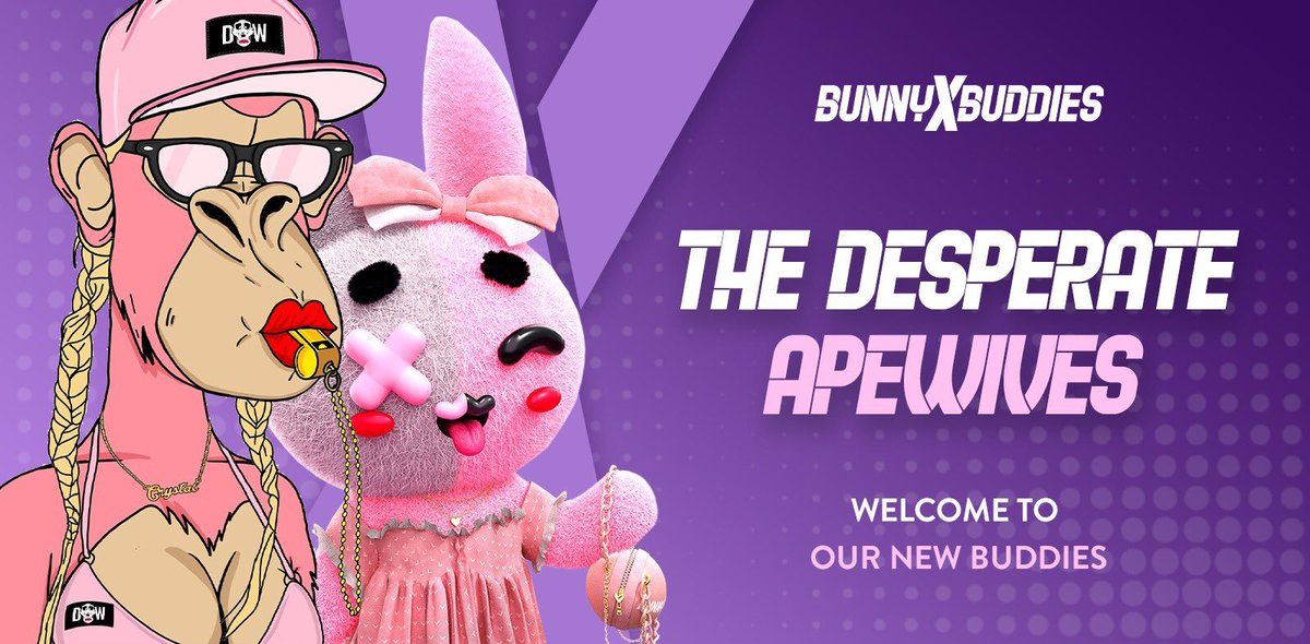 DApeWives's tweet image. Thanks to @thebunnybuddies for sharing 20 additional mint passes with our community! 🙏 🤩 

🐰 How to enter:
1. Follow @DApeWives &amp;amp; @thebunnybuddies
2. Like, Retweet, and tag 3 friends