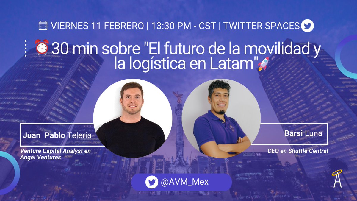 AVM_Mex's tweet photo. #AVSessions are back!💥 Acompáñanos este 🗓️viernes a la 1:30PM⏰ por #TwitterSpaces junto con Barsi Luna, CEO en Shuttle Central y Juan Pablo Tellería de @AVM_Mex🚀 para hablar acerca de: "El futuro de la movilidad y la logística en LATAM"!🌎#AVTalk #StayTuned👀 https://t.co/1JKpzl9pA7