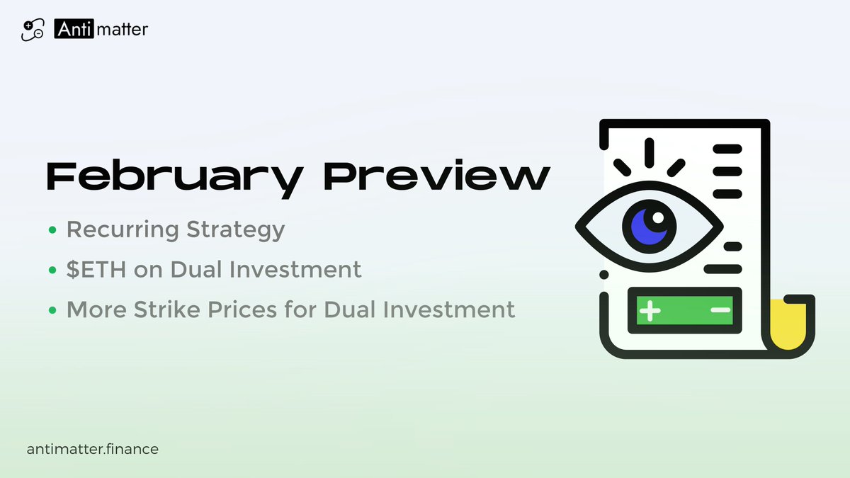bitunebtc's tweet image. 📢Here's what to expect for February:

🔲Recurring Strategy
🔲$ETH on Dual Investment
🔲More Strike Prices for Dual Investment

Antimatter Structure Product is being improved nonstop💪

#DeFi #BSC @BinanceChain