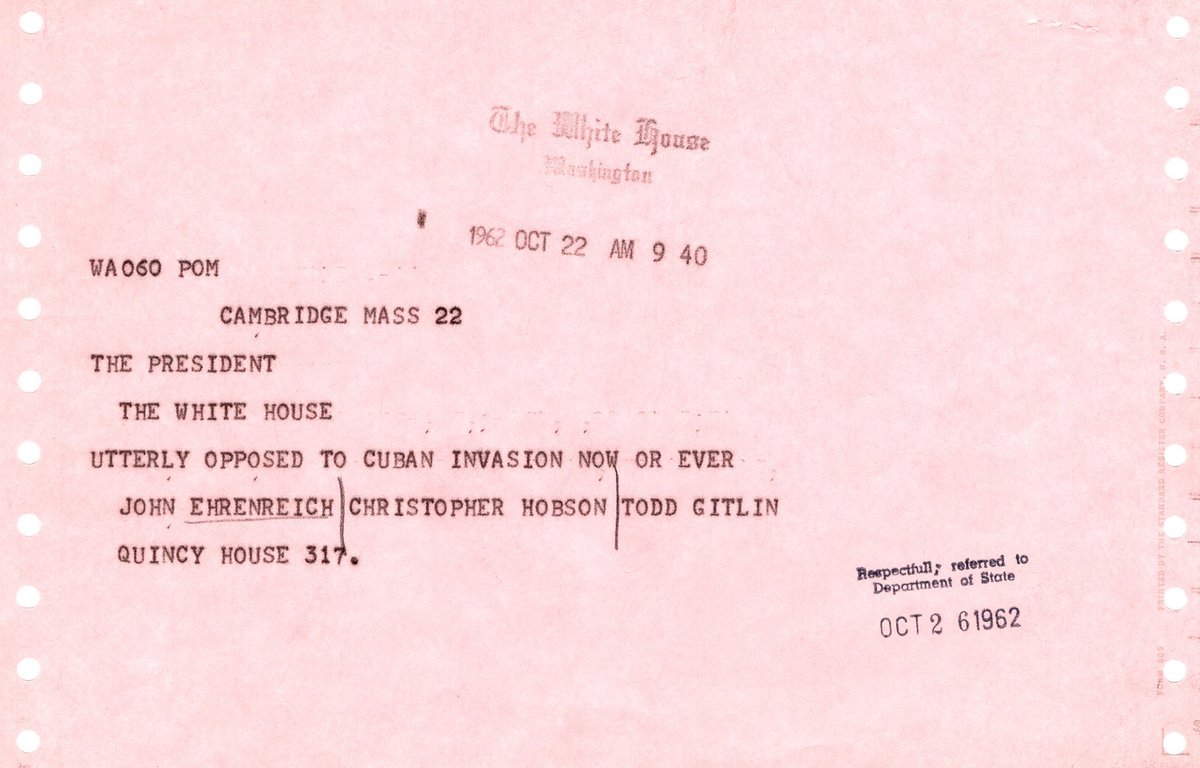 CONELRAD6401240's tweet photo. R.I.P. @toddgitlin. In 1962 he sent JFK several telegrams re: the Cuban Missile Crisis. Here is the first one I found at the JFK Presidential Library. #ToddGitlin #CubanMissileCrisisLetters. NYT: Obit: https://t.co/jHh7ODlFHe https://t.co/B6fOq8vZcI