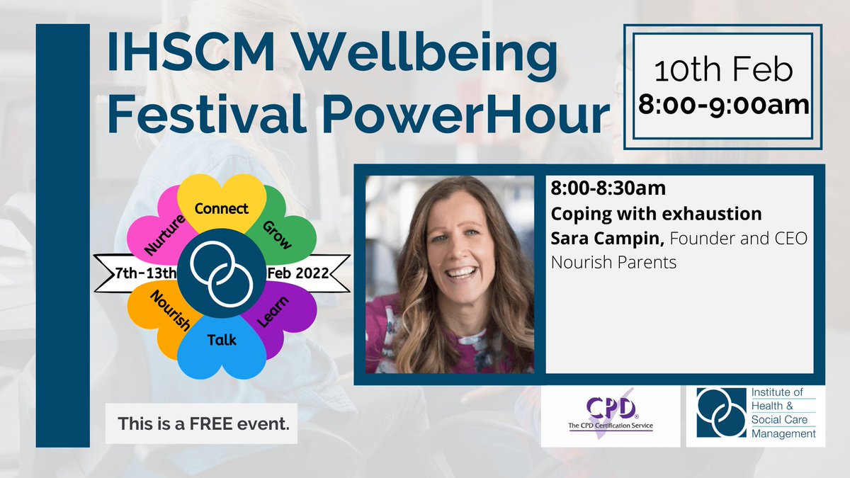 TOMORROW 8AM

Join us for our Wellbeing Festival Powerhour.

We will hear from Sara Campin, Founder and CEO, Nourish Parents at 8am to discuss 'Coping with exhaustion'.

Register: zcu.io/733m
#IHSCMFestival <a href="/FabNHSStuff/">AcademyOfFabStuff</a> <a href="/thenourishapp/">Sara Campin - Nourish</a>