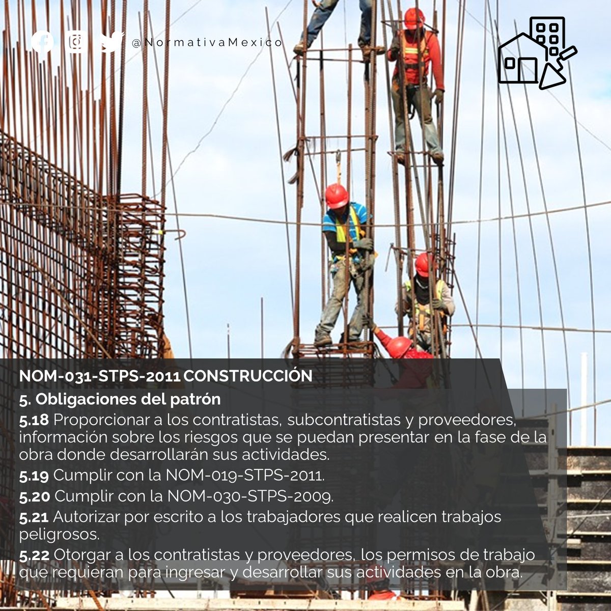 NormativaMexico's tweet photo. Obra; obra de construcción: Las actividades de demolición, excavación, cimentación, edificación, instalación, acabados, entre otras.
#NormativaMexico #NOMSTPS https://t.co/Q8XFlNkTJ5
