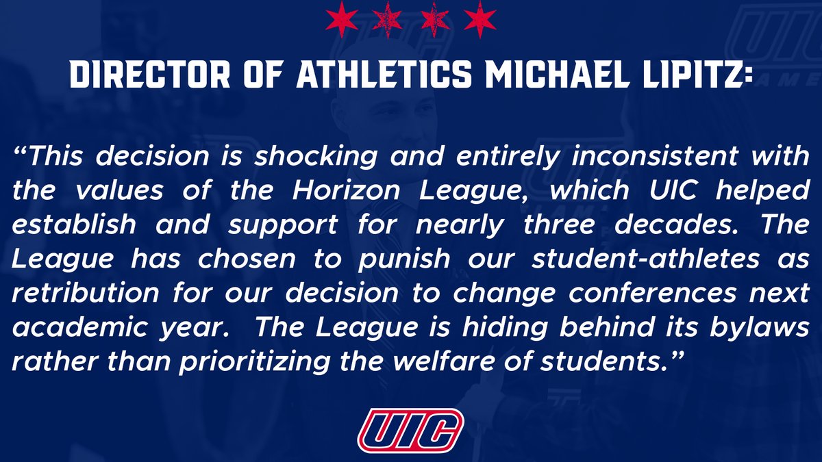 UIC Flames 🔥 (@uicflames) on Twitter photo Statement from <a href="/Michael_Lipitz/">Michael Lipitz</a> on Horizon League's Decision
to Expel Flames Student-Athletes from Conference Championships.
➡️ uicflam.es/bwg
#DontBlameTheFlame Statement from <a href="/Michael_Lipitz/">Michael Lipitz</a> on Horizon League's Decision
to Expel Flames Student-Athletes from Conference Championships.
➡️ uicflam.es/bwg
#DontBlameTheFlame