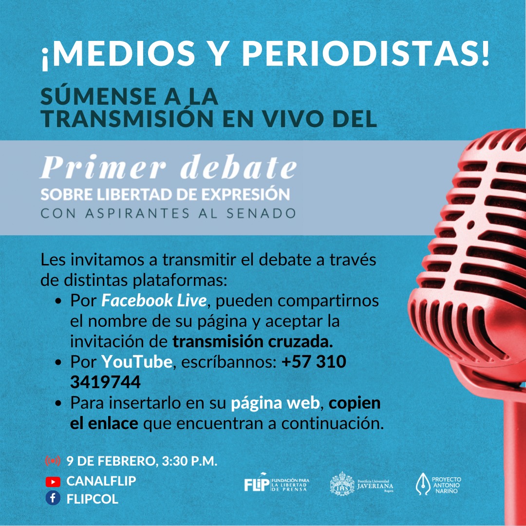 FundacionGabo's tweet photo. 👩🏽‍💻Hoy, a las 3:30 p.m🇨🇴, la @FLIP_org con el apoyo del @AlianzaPAN, @UniJaveriana y @SwedeninCOL, te invitan a participar del primer debate sobre la libertad de expresión con  los aspirantes al Senado de la República de Colombia. 

Mira el debate aquí👉🏾https://t.co/vTFaFTa4A3 https://t.co/ZHNI2DZ2cd