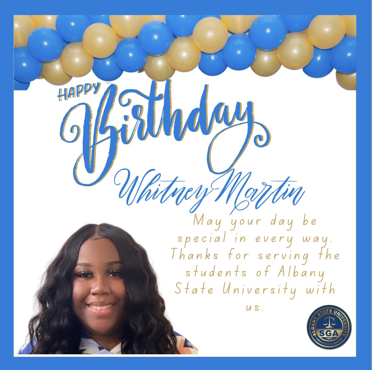 Whitney Martin serves as our Senator of Auxiliary Services and she is celebrating a birthday today! Be sure to send her lots of birthday wishes and love! 🥳🥳