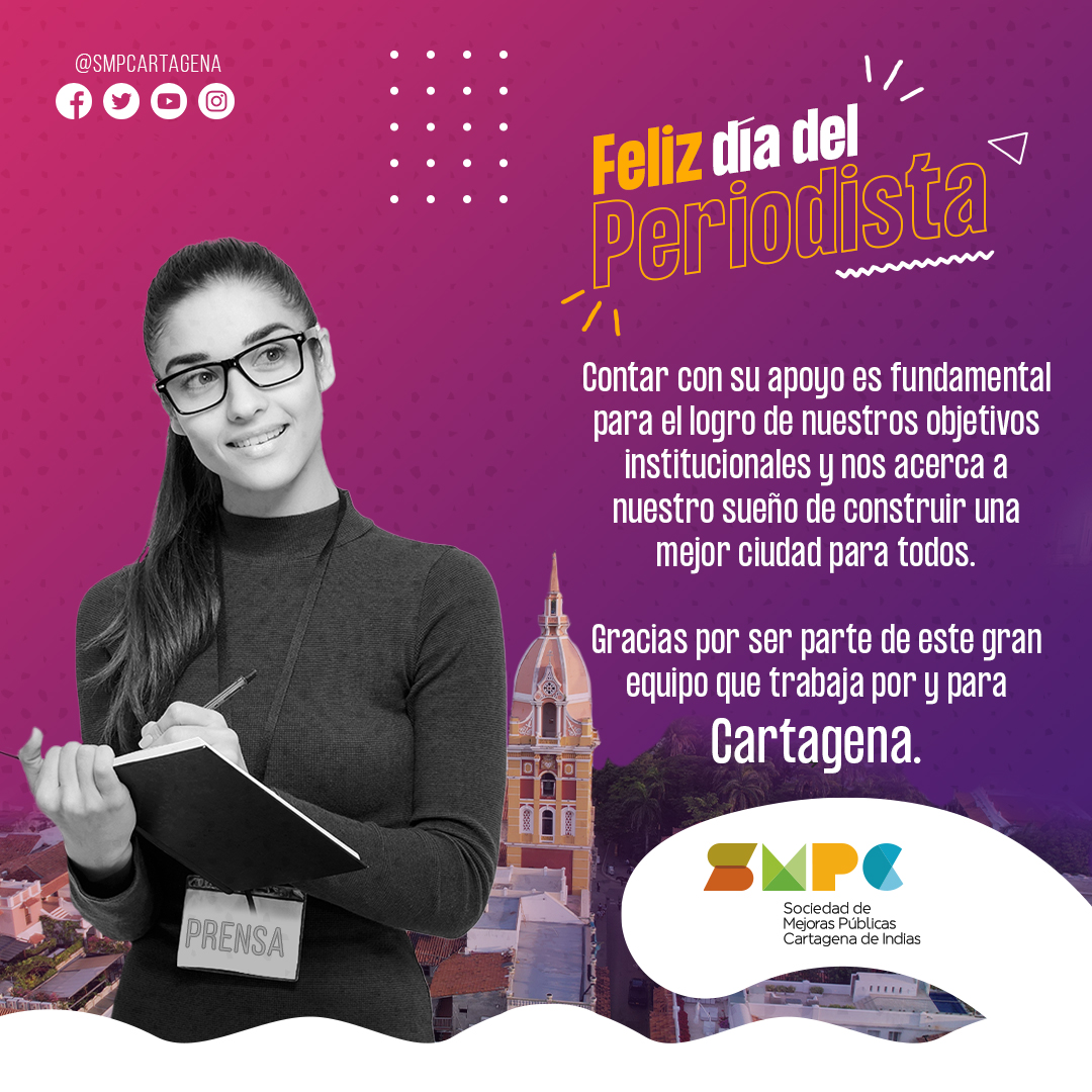SMPCartagena's tweet photo. Gracias por apoyar nuestra institución en sus proyectos, multiplicar nuestra información para lograr que cada día más cartageneros se unan a nuestras iniciativas y ayudarnos a ser noticia.

¡Feliz día periodistas!

#DíadelPeriodista #Periodistas #Noticias https://t.co/Hzx0815xY8