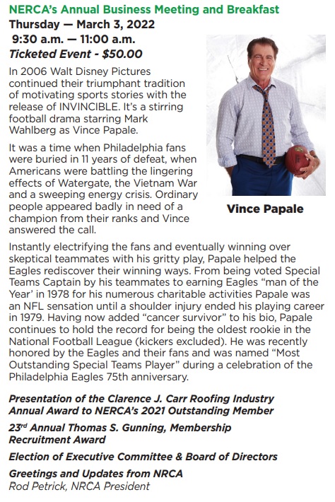 Don't miss Vince Papale speaking at NERCA's Annual Business Meeting &amp; Breakfast! conta.cc/34BSHK0
