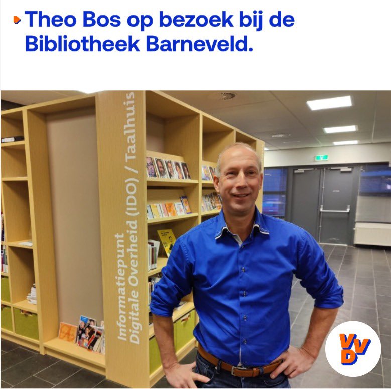 <a href="/TheoBos0342/">Theo Bos</a> is vandaag langs geweest bij de <a href="/BiebBarneveld/">BibliotheekBarneveld</a>. Hij sprak met Miranda van Ooijen over de belangrijke functie van de bibliotheek in de gemeente.

Kort 🧵

Benieuwd naar onze standpunten? 
👉 vvd-barneveld.nl/standpunten/cu…