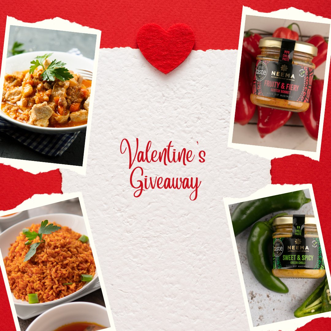 💕GIVEAWAY TIME💕

We’re giving one lucky winner a chance to win: 
🌟 5 Exquisite valentine’s recipe cards
🌟 3 Deliciously Spicy African Chilli Pastes from <a href="/neemafood/">Neema Food</a>

Enter on Instagram
#neemafood #giveaway #free #win