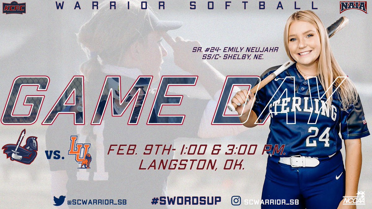 GAME DAY! The Lady Warrior Softball team gets their season started today against Langston University!

Be sure to follow <a href="/SCWarrior_SB/">Sterling College Softball</a> for to stay updated on all the action!

⏰: 1:00 &amp; 3:00 p.m.
📍: Langston, OK.

#SwordsUp