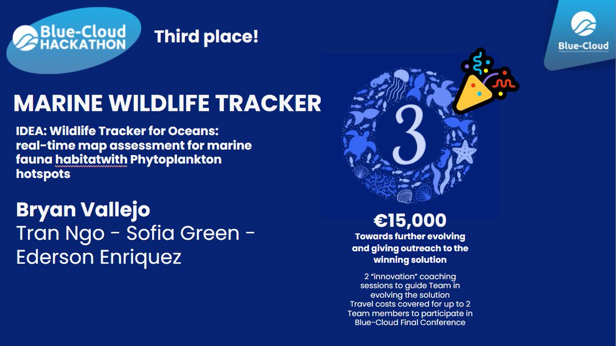 BlueCloudEU's tweet photo. We are thrilled to announce the winners of the Blue-Cloud Hackathon! #BCHackathon
Amazing work from all teams, we are looking forward to seeing YOU on the Blue-Cloud platform. 
Let's tackle #ocean challenges together: https://t.co/PmPl55GlZt https://t.co/bXHdGlqGb2