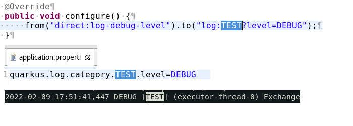 During the Camel Quarkus workshop <a href="/SnowCamp/">snowcamp</a>, I promised to come back with the solution to log at DEBUG level. We just need to set the same category in the code and properties file. That was the trick :)