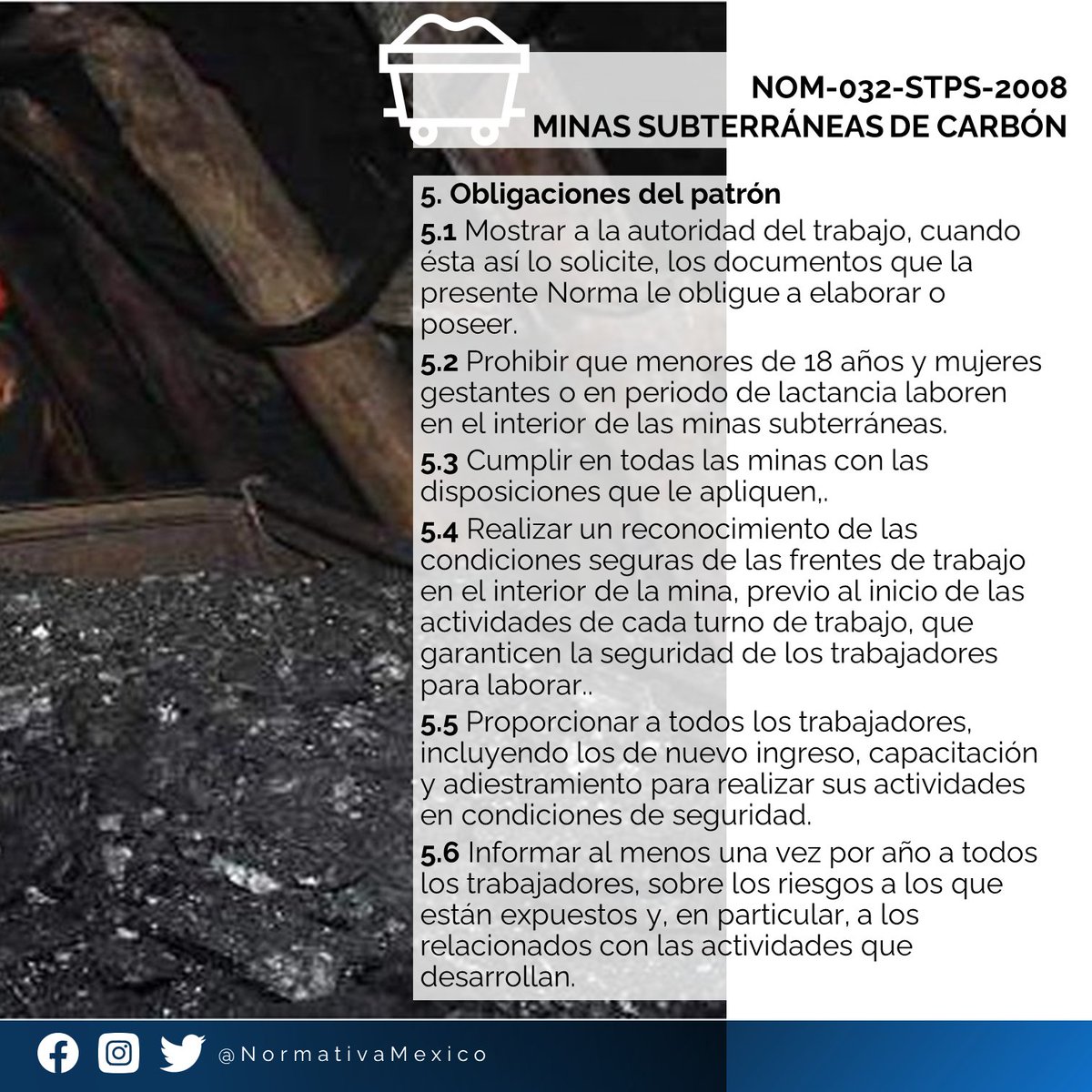 NormativaMexico's tweet photo. Objetivo: Establecer condiciones y requisitos de seguridad en las instalaciones y funcionamiento de las minas subterráneas de carbón para prevenir riesgos a los trabajadores que laboren en ellas. #NormativaMexico #NOMSTPS https://t.co/aNLSjqT1i0