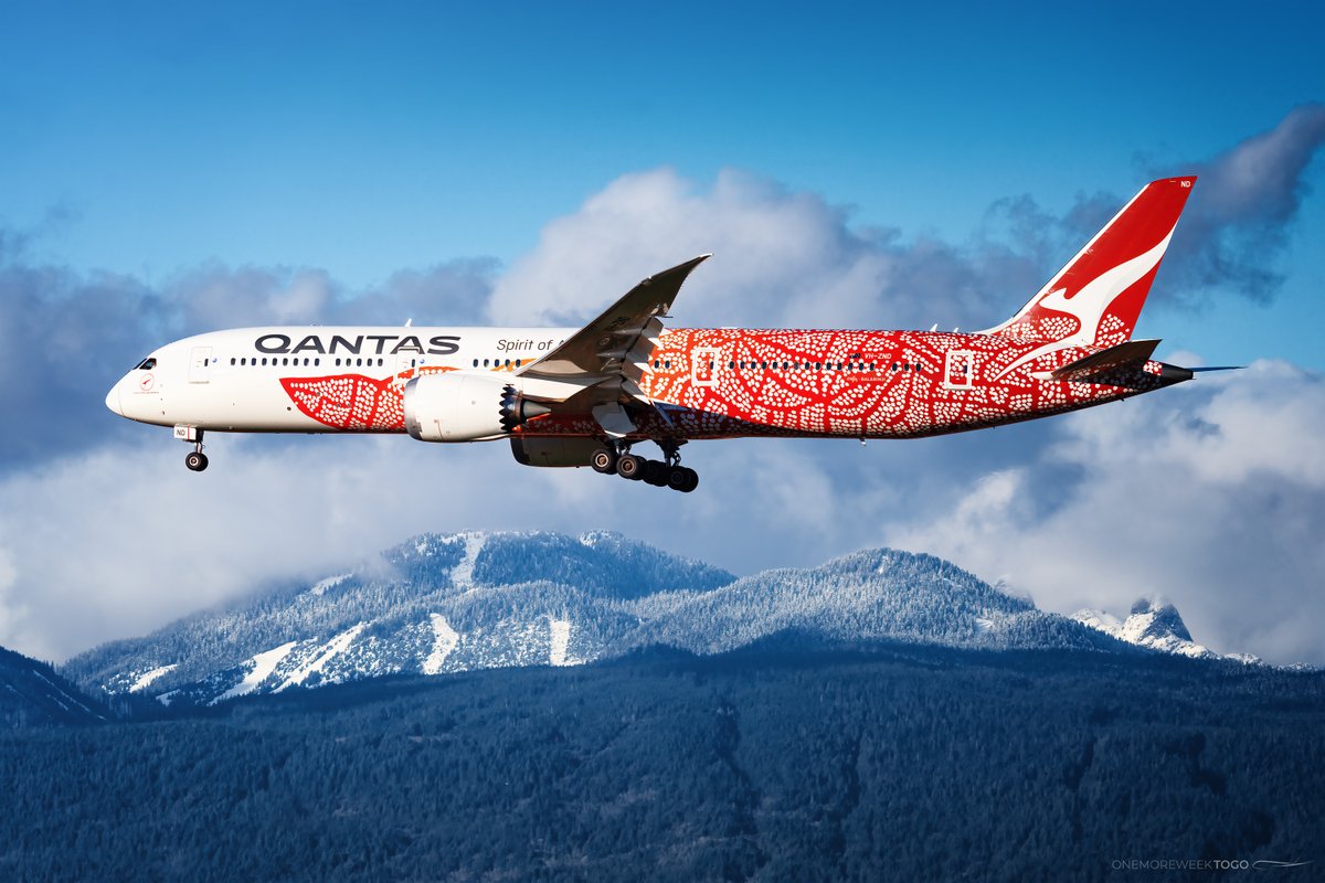 The special @Qantas 'Yam Dreaming' Dreamliner made an appearance at @yvrairport a week ago! The red design really pops against our local Vancouver mountains. #qantas #qantasAirways #boeing #dreamliner