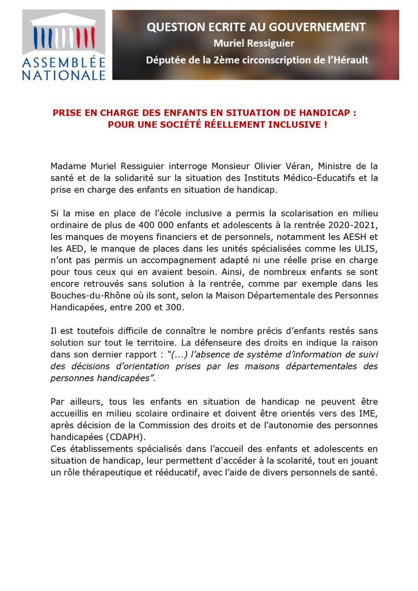 MRessiguier's tweet photo. đŽđ #QuestionEcrite au #Gouvernement :
"PRISE EN CHARGE DES ENFANTS EN SITUATION DE HANDICAP :
POUR UNE SOCIĂTĂ RĂELLEMENT INCLUSIVE !"
#AED
#AESH
#IME
#Inclusion
#MDPH
#CDAPH https://t.co/9DW2dAynXd