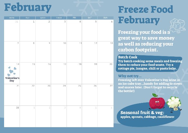 The February calendar is here! 

This month try freezing your food rather than throwing it away. 

Download the calendar to get top tips on food waste and what are the seasonal fruit and veg for this month. 

Download calendar: orlo.uk/ERMy0 
#MakeStaffsSustainable