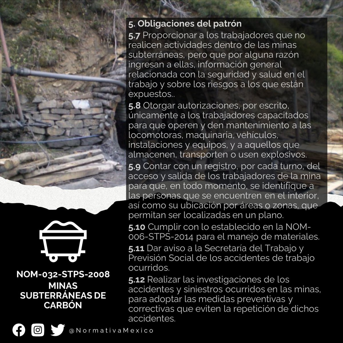 NormativaMexico's tweet photo. La presente Norma Oficial Mexicana rige en todo el territorio nacional y aplica a todas las minas subterráneas donde se desarrollen actividades relacionadas con la explotación de carbón. #NormativaMexico #NOMSTPS https://t.co/78vcGpbxhU