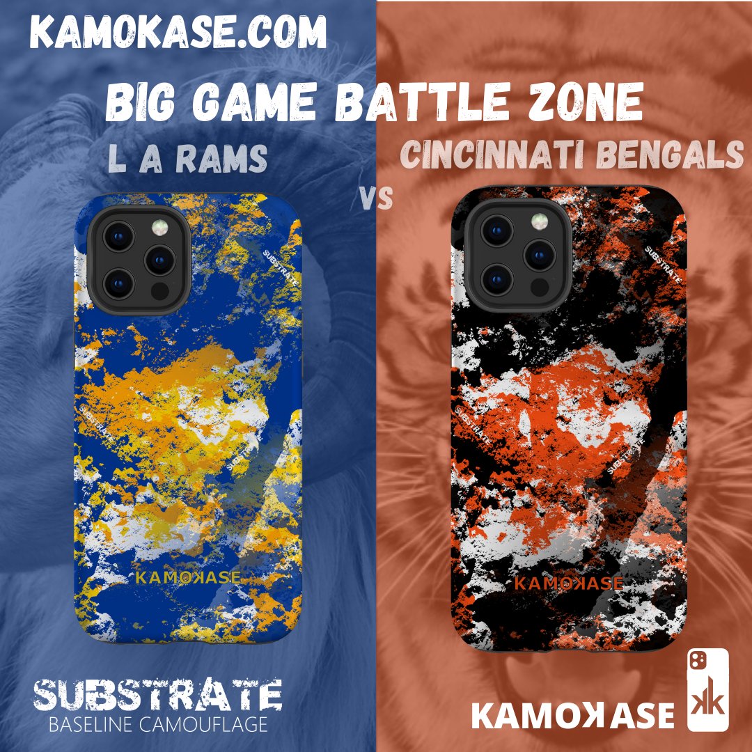 KaseKamo's tweet photo. It's BATTLE TIME!!!
So who is going to win this battle this weekend? What's your prediction? Bengals or Rams?

You can now get these awesome football teams camo designs by @substratecamo on #phonecase

#nfl #superbowl #cincinnatibengals #larams #bengals  #laramsfans #kamokase https://t.co/y0s2PWUaA5