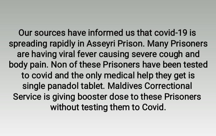 Being convicted doesn't make us any less human. <a href="/HPA_MV/">Health Protection Agency</a> <a href="/KerafaNaseem/">Ahmed Naseem</a> <a href="/hrcmv/">HRC of the Maldives</a> <a href="/ibusolih/">Ibrahim Mohamed Solih</a> <a href="/MohamedNasheed/">Mohamed Nasheed</a> <a href="/Imthiyazfahmy/">𝐈𝐦𝐭𝐡𝐢𝐲𝐚𝐳 𝐅𝐚𝐡𝐦𝐲</a> <a href="/evattey/">Eva Abdulla</a> <a href="/fourmea/">forme</a> <a href="/ESAmaldives/">Esa Abdulla 🇵🇸Free 𝓟𝓪𝓵𝓮𝓼𝓽𝓲𝓷𝓮 🇵🇸</a> <a href="/mnaweez/">Akku</a> <a href="/nooramohamed/">Noora Mohamed</a> <a href="/CorrectionsMv/">Maldives Correctional Service</a> <a href="/ShimranAb/">Imran Abdulla</a> <a href="/UNHumanRights/">UN Human Rights</a> <a href="/iheartpaps/">Prison Abolition Prisoner Support -PAPS</a> <a href="/presidencymv/">The President's Office</a> <a href="/mvpeoplesmajlis/">People's Majlis</a>  <a href="/cnm_mv/">CNM</a> <a href="/AdhadhuMV/">Adhadhu</a>