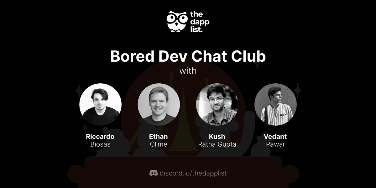 tdldoteco's tweet image. Get ready to interact with the experts from Web3! ✨

Welcoming @ethan_clime, @RBiosas, @vedantpawar &amp;amp; @RatnaKush at 'Bored Dev Chat Club' 🦍

Friday, 11th Feb, 7:30 PM (IST) / 2:00 PM (UTC)
Join now - discord.gg/dVbUeEftuM
Block Calendars - bit.ly/bored-dev-chat…