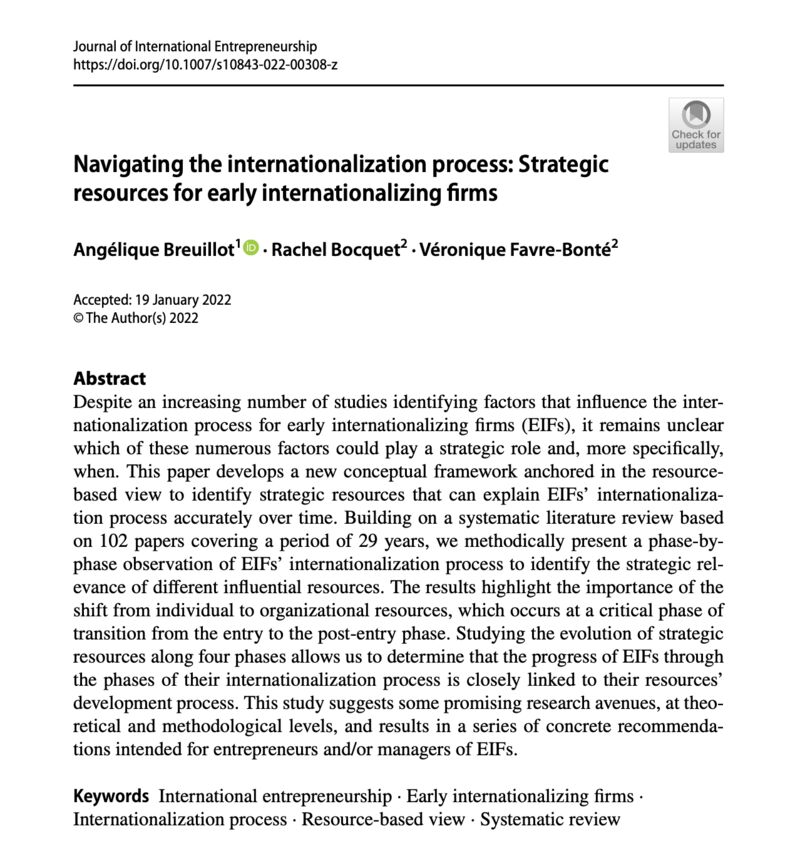 FAVREBONTEVroni's tweet photo. Glad to share with you the publication of our article "Navigating the internationalization process" in the Journal of International Entrepreneurship @AngliqueBreuil1 et Rachel Bocquet --> Open Access here: https://t.co/qrovy68b2g https://t.co/CR8fxzRbAI