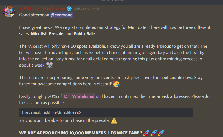 MedicatedMice's tweet photo. MICELIST 👀✅

A detailed post regarding our Mint will be out soon! Whitelisting for Wave III just opened, so if you're new, join our discord and apply: https://t.co/XTFiV3b7Q5

Do not miss out on this project. The demand is very high. We're going to sell out fast! 💫

#NFT #NFTs https://t.co/kxncmseOZH