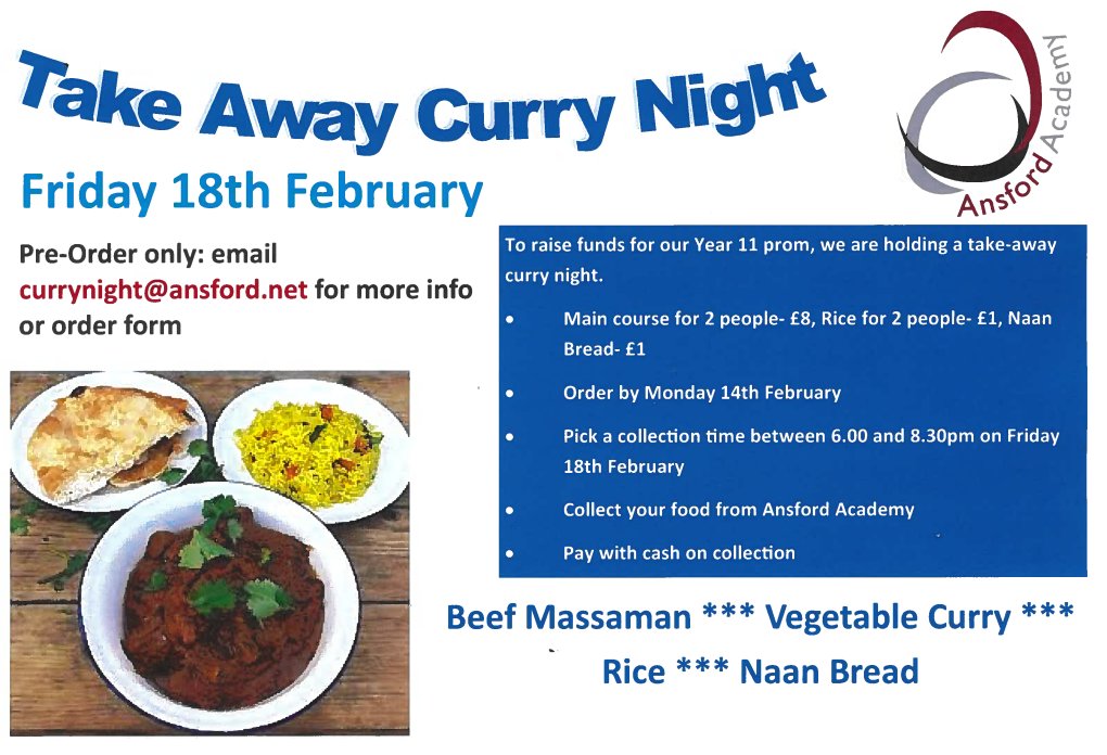 W e are raising funds for our Year 11 prom! Please support our take-away curry night. #curry #Y11PROM #YumYum