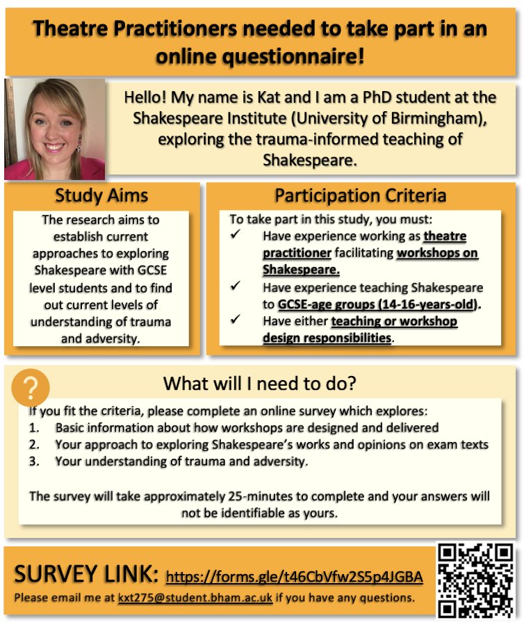 Are you a theatre practitioner leading workshops on Shakespeare? Could you donate some time to complete my survey on how young people who have experienced trauma explore Shakespeare? Link: forms.gle/t46CbVfw2S5p4J… Please share with anyone you think fits the criteria! Thanks x