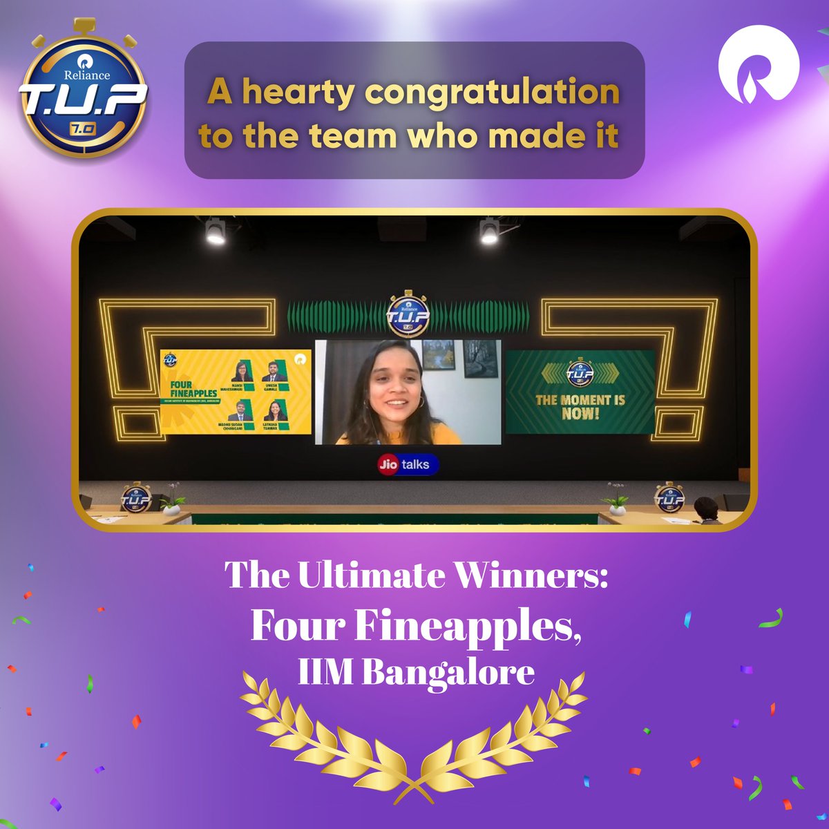 RILCampus's tweet photo. Congratulations to team Four Fineapples from @IIM_Bangalore who left our jury in awe with their mind-blowing pitch and their innovative idea. π We wish you all the best and we hope you scale your idea to the next level and make us proud!
#TUP #TheUltimatePitch #TUP7 #BeTheNow https://t.co/Q1Igvpun3q