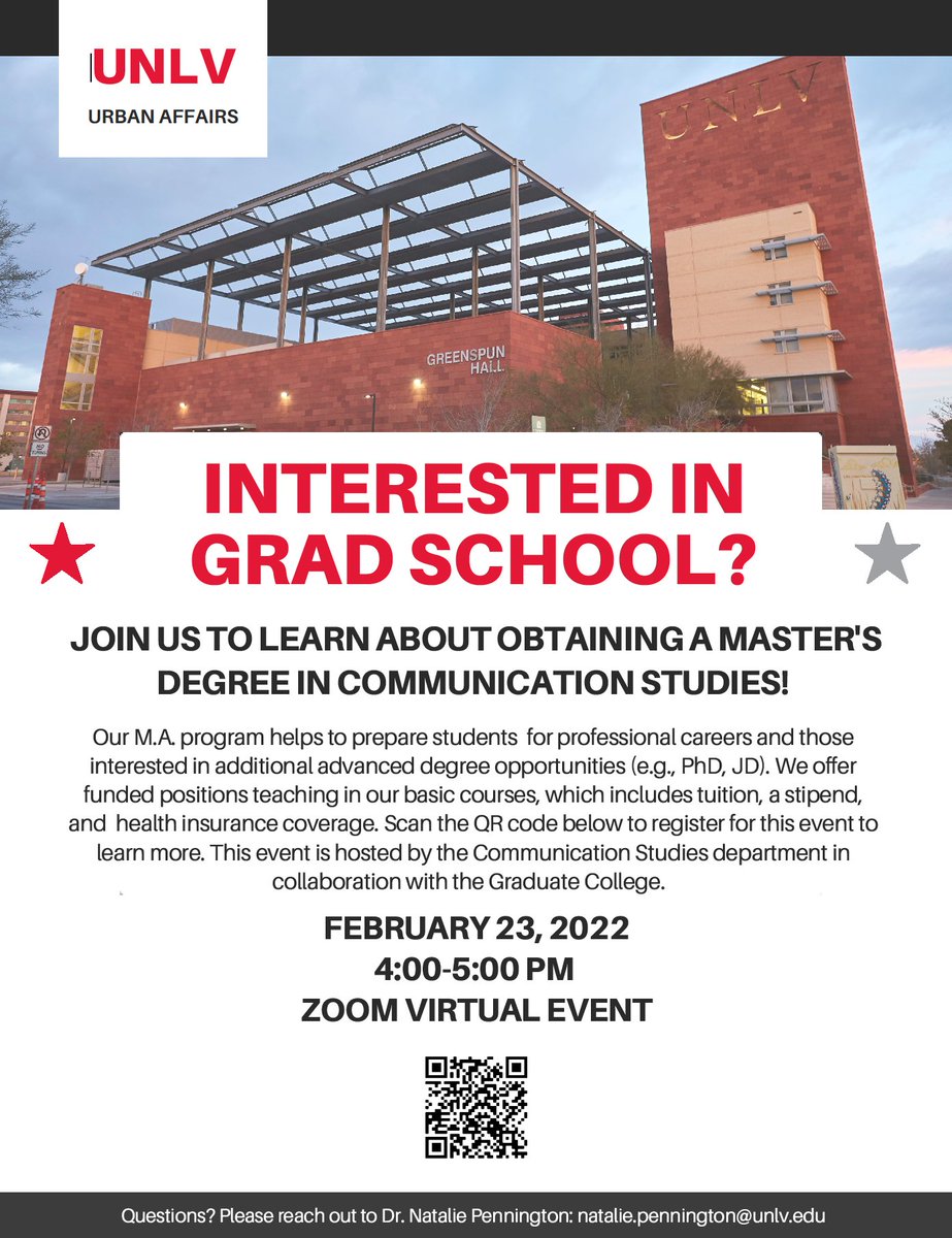 Interested in getting a M.A. in Communication Studies? Join me for a virtual info session on Feb 23rd from 4-5pm (PST) to hear about our program and how to get funded. Use the QR code below to register to get the link to join. #AcademicTwitter #GraduateDegree #UNLV