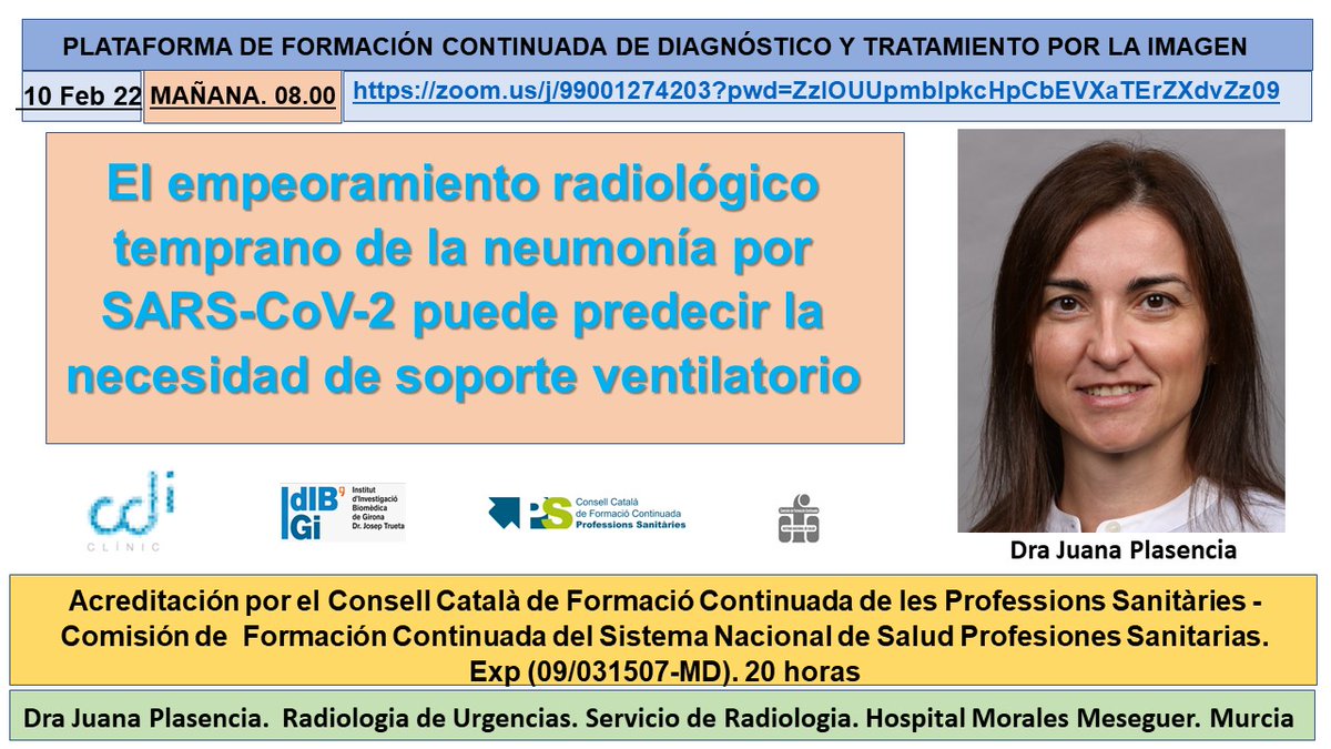 salvasapedraza's tweet photo. Sesión “El empeoramiento radiológico temprano de la neumonía por SARS-CoV-2 puede predecir la necesidad de soporte ventilatorio” de la Dra. Juana Plasencia. 10 febrero (08.00-09.00). Para participar https://t.co/xmNVnPZcwU https://t.co/dZ88Bwyy2w