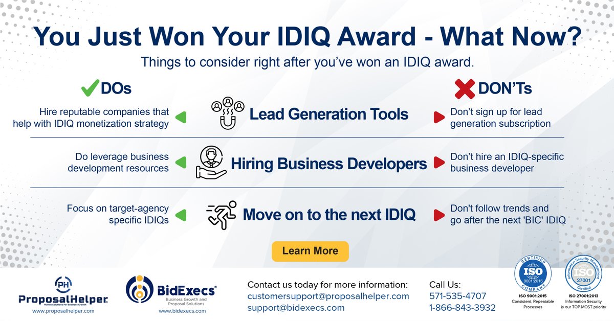 BidExecs's tweet image. Three things to consider right after you’ve won an indefinite delivery/indefinite quantity (IDIQ) award.
Click Here to learn more - bit.ly/3Lyq15J 
#franchise #bidexecs #proposalmanagement #businessopportunity  #proposalhelper #govcon #idiq #businessdevelopers