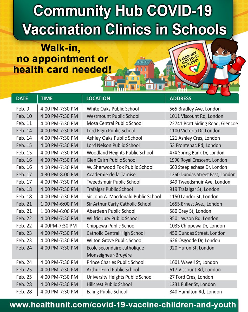 Lots of Community HUB Clinics in Schools coming up this month! Check out the full list of dates, times and locations here: healthunit.com/pop-up-vaccina… #LdnOnt #Middlesex /1