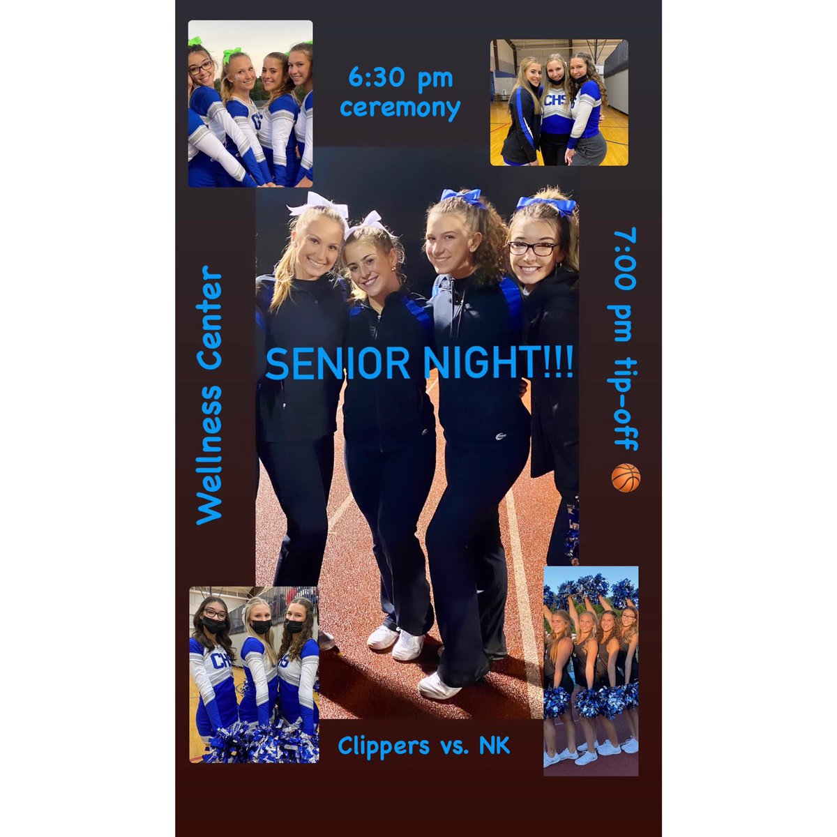 Help us celebrate Mira, Lily, Abby, and Mackenzie at Senior Night! Wellness Center - ceremony 6:30 followed by tip-off at 7:00! Clippers vs. NK! Let’s go!!!! <a href="/GoBlueClippers/">Cumberland Athletics</a>