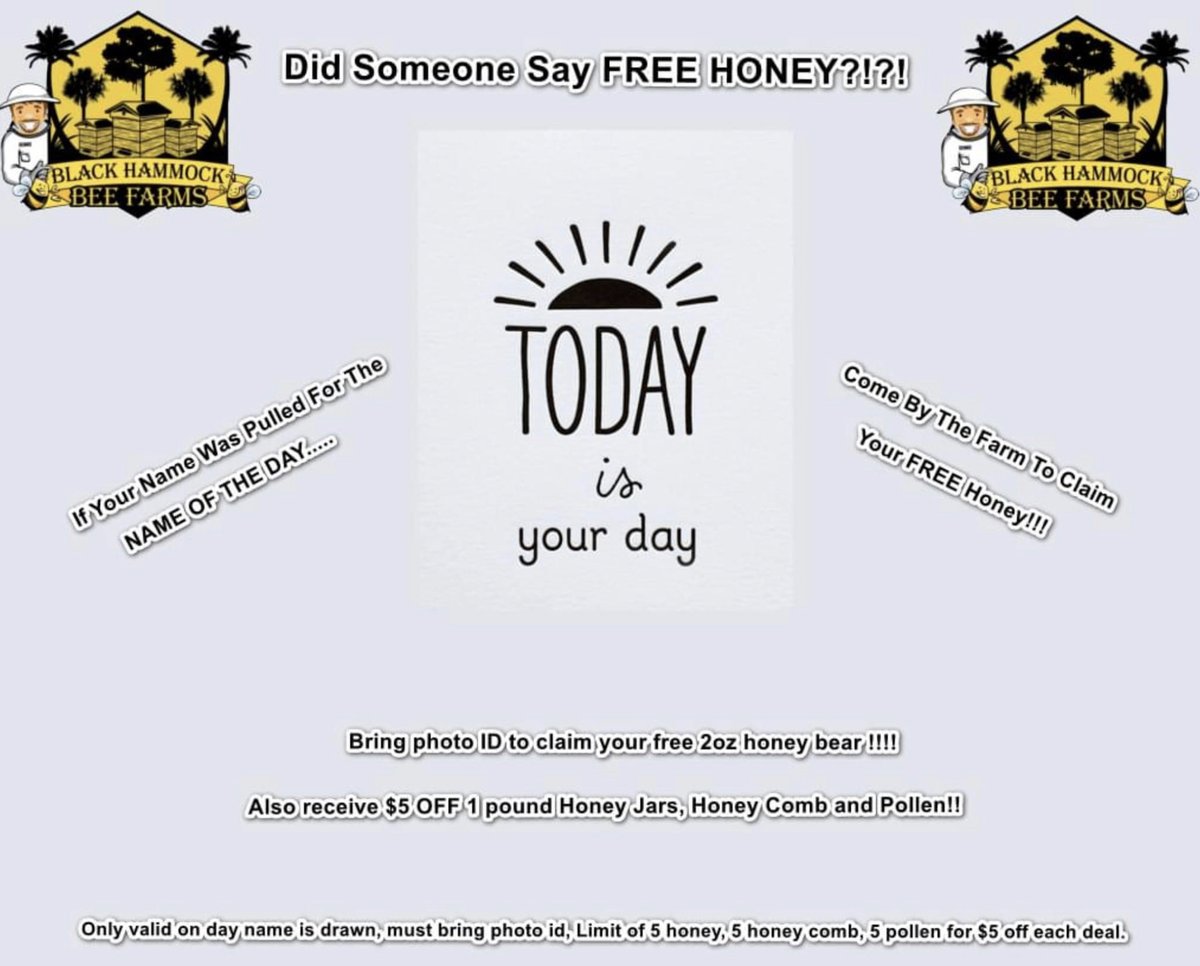 orlandobeeguy's tweet photo. 📣Happy Wednesday!!! Todays name is 🥁🥁🥁......... Edward!!
If that’s YOUR name, come by the farm today with photo ID for your FREE honey and awesome discounts!!🐝🐝🍯 https://t.co/fAk6mjpNqx