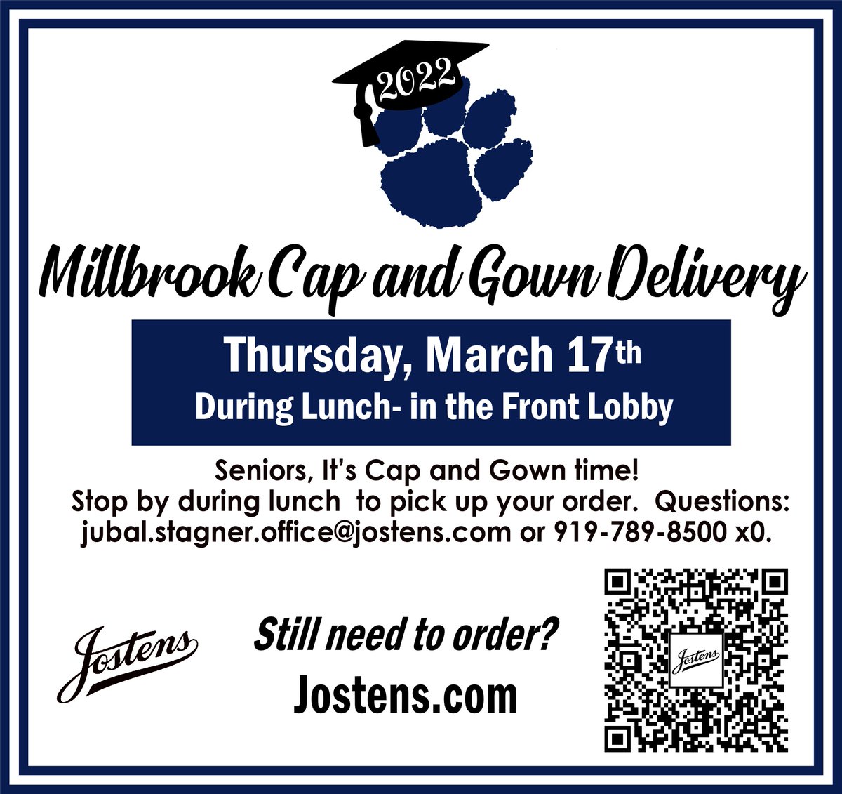 Seniors! It's Cap and Gown time! Thursday, March 17th will be delivery day during lunch. If you have not ordered your Cap and Gown yet there is still time. Please see the flyer below! <a href="/millbrookmagnet/">Millbrook Magnet HS</a> <a href="/Millbrook_PTSA/">Millbrook PTSA</a> <a href="/millbrookevents/">Millbrook Events</a> <a href="/MillbrookSports/">Millbrook Athletics</a> <a href="/danak728/">Dana King</a> <a href="/CounselorCRH/">Catherine Brown, NBCT</a>
