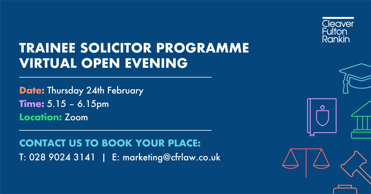 Join us on Thursday 24th February to find out about our prestigious Training Contracts, hear from current Trainees and Solicitors, and get a chance to ask any question you have about Cleaver Fulton Rankin.

All attendees have the chance to win a Dine Around Belfast £50 voucher!