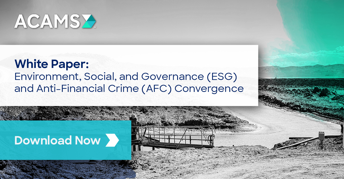 acams_aml's tweet photo. In this new #whitepaper, we ask should AFC programs be integrated with environment, social, and governance frameworks? 

Download the paper today to learn more about the convergence of AFC and ESG, and the benefits of integrating these important areas. https://t.co/j2RLEpYgCz https://t.co/hxmRBZ2CIN
