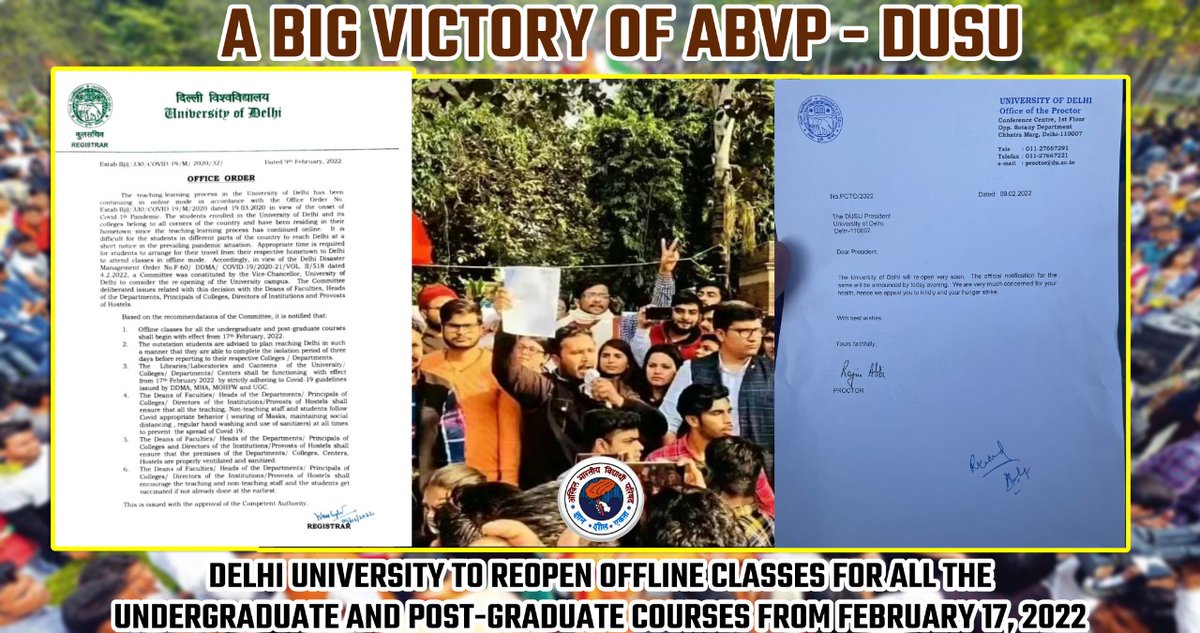 ABVPDelhi's tweet photo. A Big Victory of ABVP - DUSU 🚩🚩🚩 

Delhi University to reopen offline classes for all the undergraduate and post-graduate courses from February 17, 2022

#reopendu #DelhiUniversity https://t.co/q8ECGc6RrY