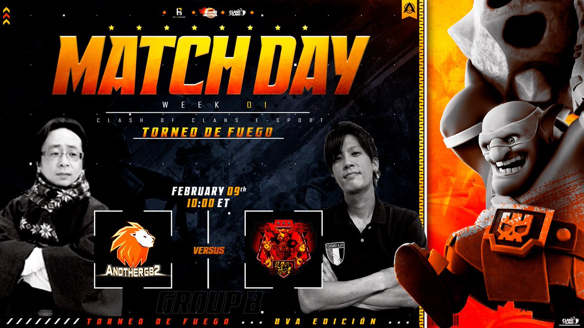 Torneo De Fuego🏆🔥 (@torneodefuego) on Twitter photo 🔥WEEK 1 - GROUP B🔥 #ClashEsports
<a href="/AnotherGb2/">Another GB2</a> vs @shingekiCOC
🗓️ Wednesday, 09 February
⏰ 10:00 🇺🇸 16:00 🇪🇦 09:00 🇲🇽
Stream:
🇪🇸 twitch.tv/sockerssu
🇬🇧 twitch.tv/suziegaming
🇬🇧 twitch.tv/blameadam 🔥WEEK 1 - GROUP B🔥 #ClashEsports
<a href="/AnotherGb2/">Another GB2</a> vs @shingekiCOC
🗓️ Wednesday, 09 February
⏰ 10:00 🇺🇸 16:00 🇪🇦 09:00 🇲🇽
Stream:
🇪🇸 twitch.tv/sockerssu
🇬🇧 twitch.tv/suziegaming
🇬🇧 twitch.tv/blameadam