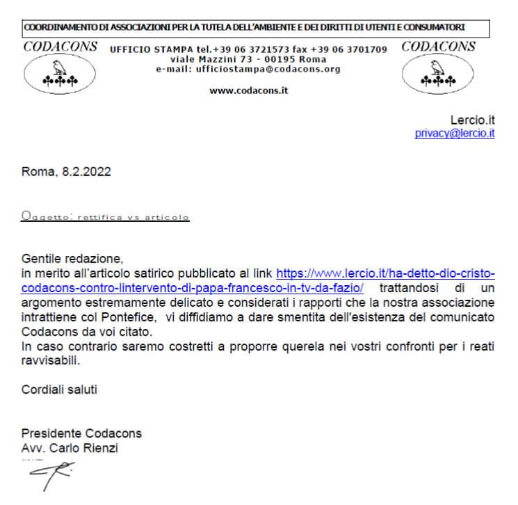CharlyMatt's tweet photo. Il Codacons chiede a Lercio di smentire un loro articolo perché falso.

Cc @Fedez https://t.co/AQ9YnbvZ40
