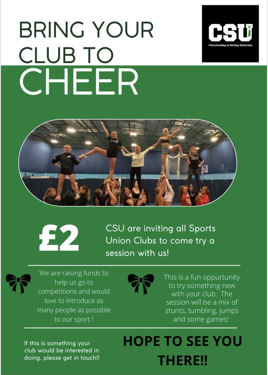 CSU_Cheer's tweet photo. 🤩FUNDRAISER🤩 

We are inviting every club to come along and try a session a Cheer! It will be 1 session per club, lasting an hour! 😆

We would love for as many clubs to get involved as possible, so please get in touch if your club would be interested!!💚 https://t.co/p1OxNJMvcN