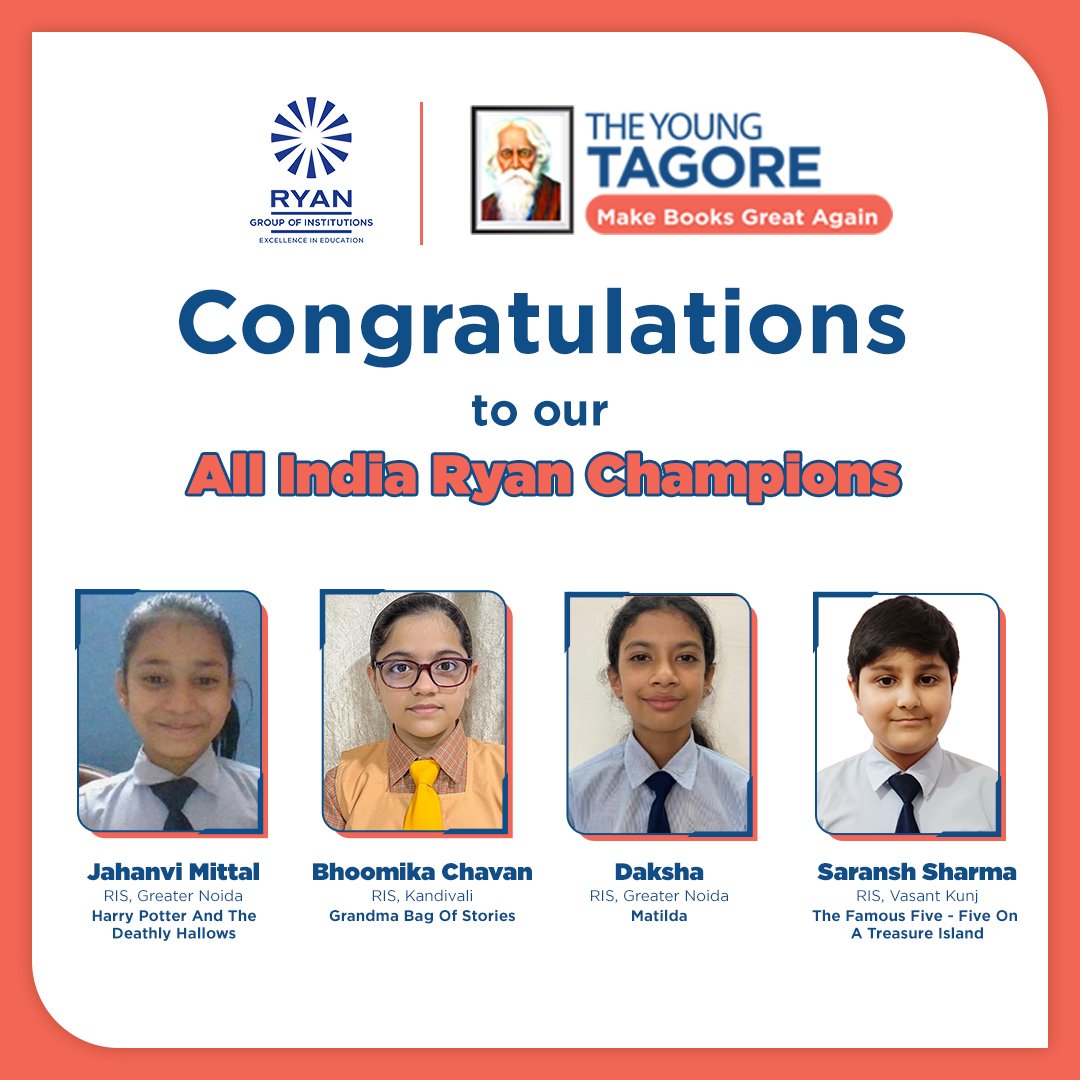 RyanIntlGrp's tweet photo. Hearty congratulations! โ
Presenting the #winners of All-India Ryan Championship- The Young Tagore โ
#Ryanites Jahanvi, Saransh, Bhoomika and Daksha. They surpassed #IntraSchool, #StateLevels and #NationalLevels by narrating their favourite books โ
#RyanInternationalSchool https://t.co/If6IbSspex