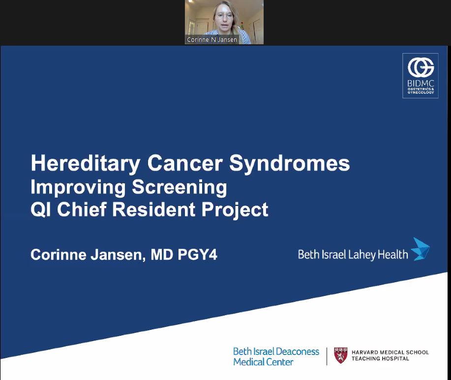 BIDMC_ObGyn's tweet photo. Congratulations to @bidmcobgynrez Chief Resident Corinne Jansen, MD, who presented her capstone Quality Improvement project this morning during #GrandRounds. #gyncancer #angelinaeffect #genetictesting #meded https://t.co/AXaoDMQPKd