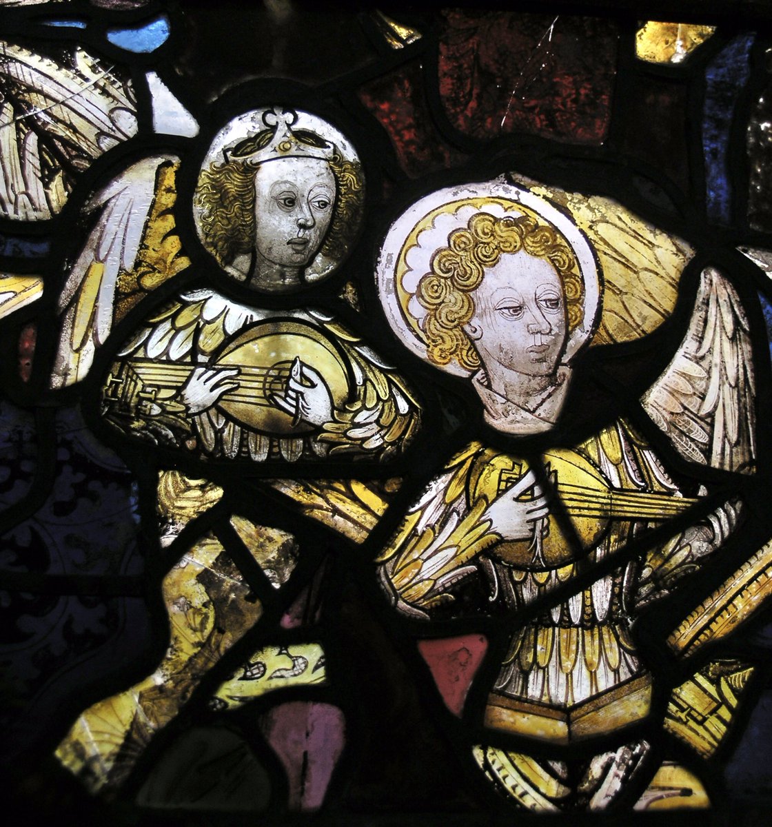 #Stainedglass #Cawston church #Norfolk two angels playing early European lutes one with five strings and one with six being plucked with a quill plectrum. The bird feather quill plectrums have been carefully drawn and are easy to recognise. #AnimalsinChurcheshour #MusicinChurches