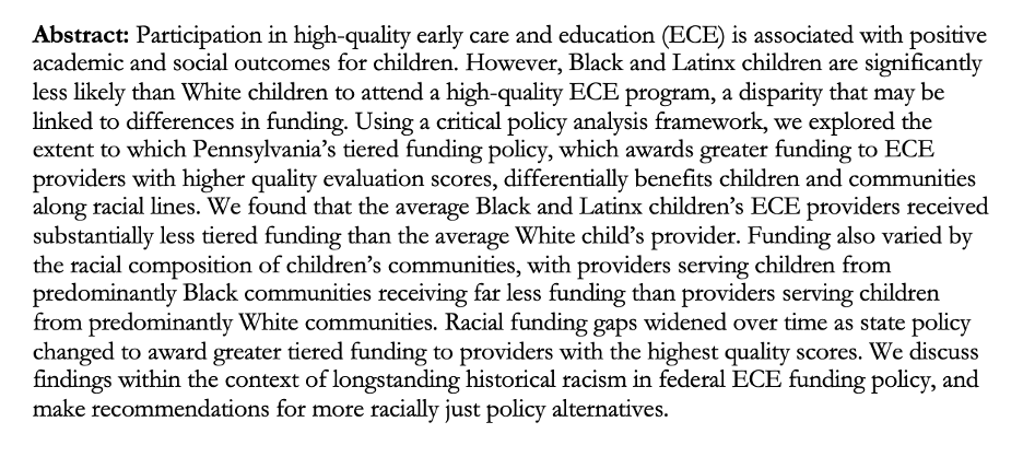 🧵on racial disparities in subsidy funding for early care &amp; ed (ECE) in Pennsylvania. 

@kbabbshollett and I find significant differences in average funding by children’s race &amp; community racial composition. 

Open access <a href="/epaa_aape/">EPAA/AAPE</a> and epaa.asu.edu/ojs/index.php/…... 1/14