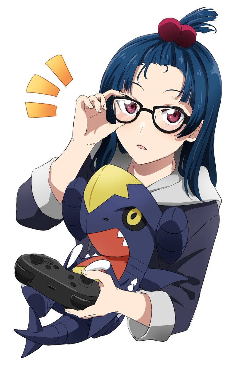 1girl glasses pokemon (creature) hair ornament blue hair holding controller  illustration images
