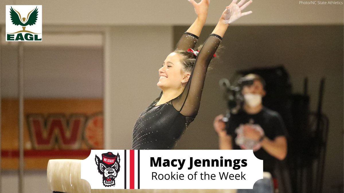 EAGL_Gymnastics's tweet photo. After recording a personal best 9.875 on beam and tying for third place on that event, @macyjenn from @Pack_Gymnastics is the EAGL Rookie of the Week! #EAGLGymnastics https://t.co/V9ebz9DYiq