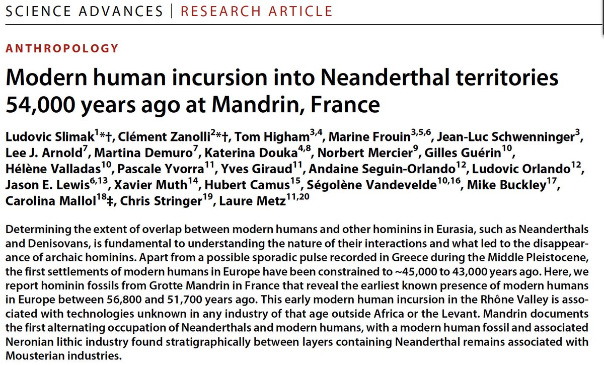 Our paper on the Grotte Mandrin (France), is out. We show that Homo sapiens made the so-called 'Neronian' Palaeolithic industry there ~54,000 years ago. This is the earliest evidence we have in this part of the world for modern humans. advances.sciencemag.org