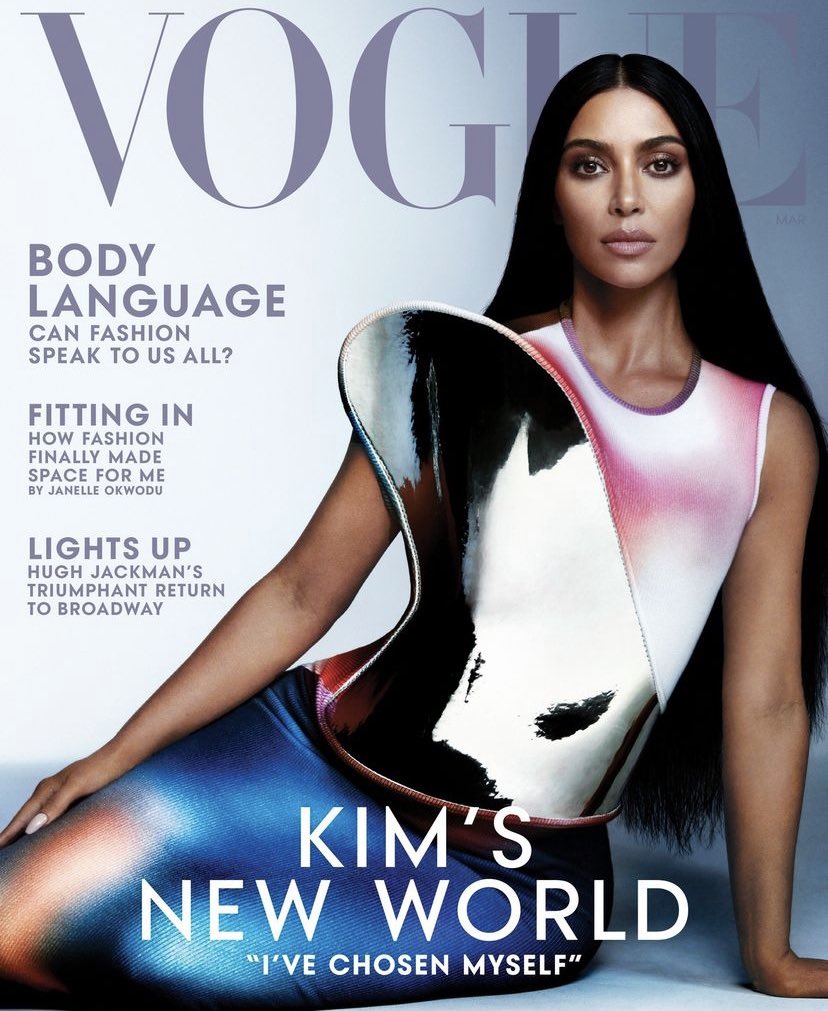 MIUCClAMUSE's tweet photo. kim kardashian wearing loewe ss22 on the cover of vogue (march 2022) https://t.co/Jl1L43r8hk